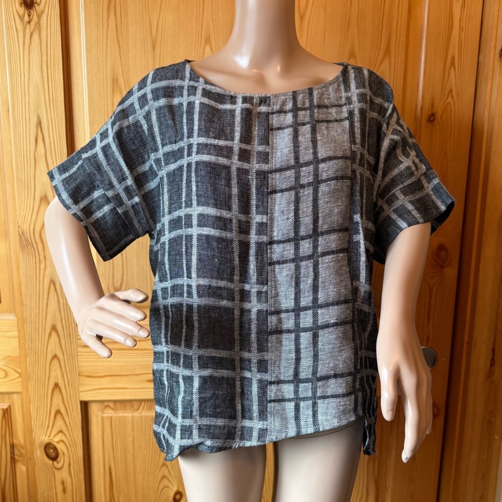Chalet Et Ceci Women Size XS Oversized Boxy Top Plaid Lagenlook Black Gray